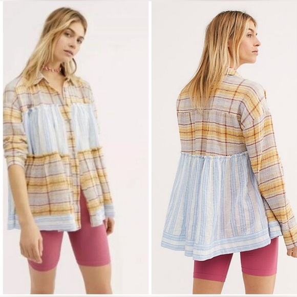 Free People We The Free Waiting on Summer Plaid Flowy Tunic Plaid Stripes Small - Picture 2 of 7